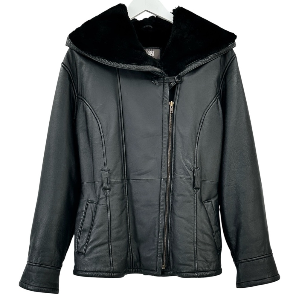 Vintage Wilsons Black Faux Fur Lined Genuine Leather Hooded Zip Up Jacket sz L